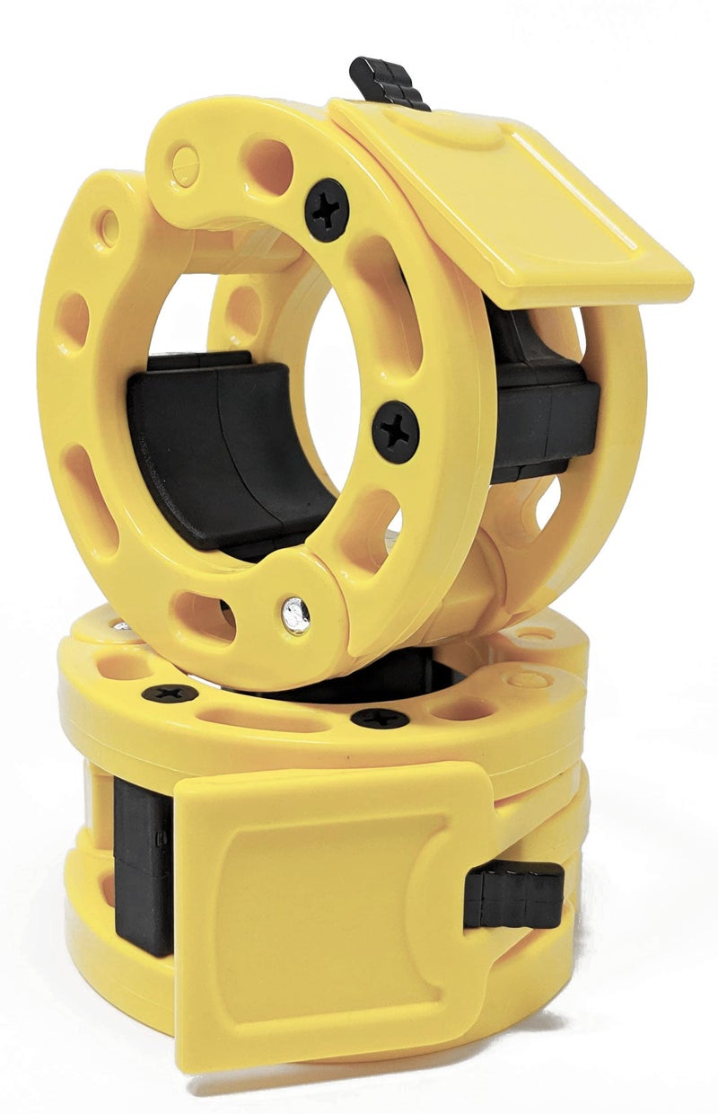 Clout Fitness Olympic Barbell Clamps Collars Quick Release Pair of Locking Weight Clips Fit 2 Inch Barbell for Weightlifting Yellow - Image 1